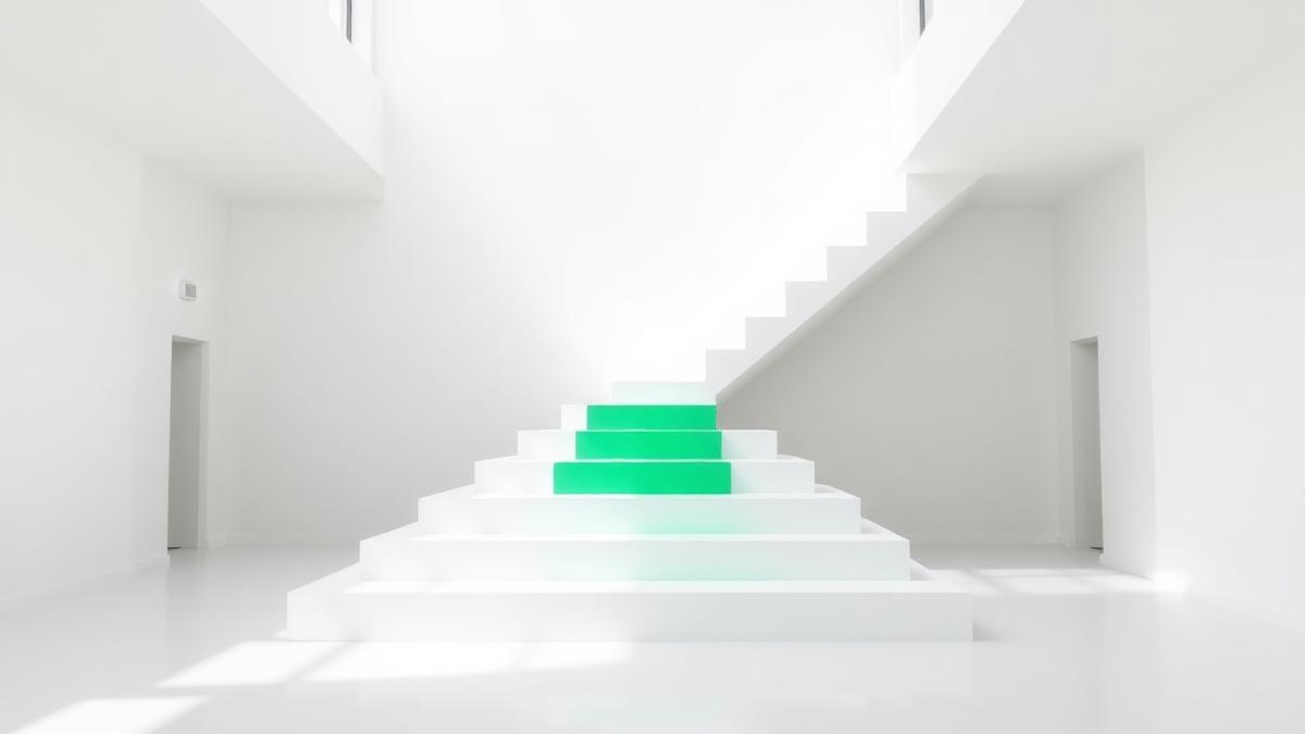 Ascending steps in a bright minimal space, symbolising career progression, illustrating five dimensions of promotion readiness