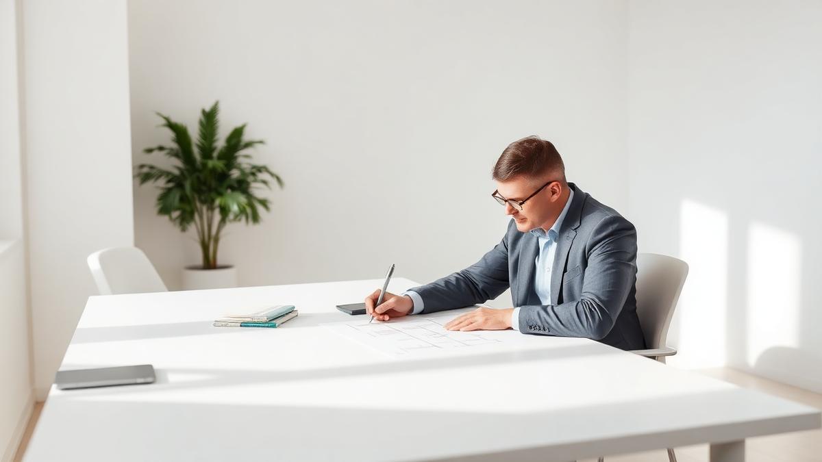 A senior professional planning a career strategy at a clean white desk, illustrating signs you are already operating above your level