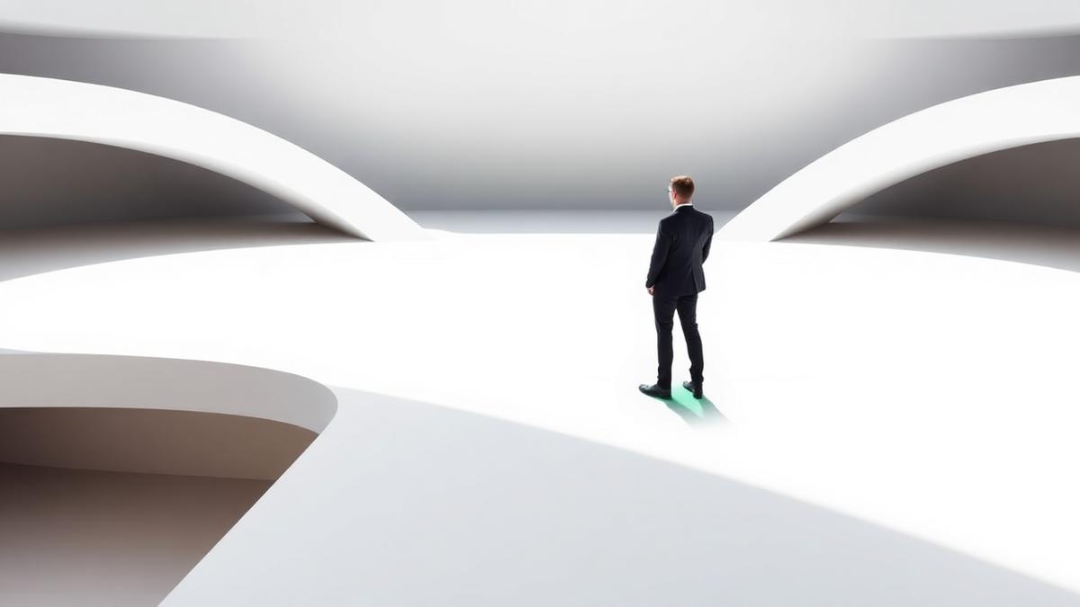 A professional standing at a bright architectural crossroads, symbolising a career transition, illustrating understand the process before you declare your intent