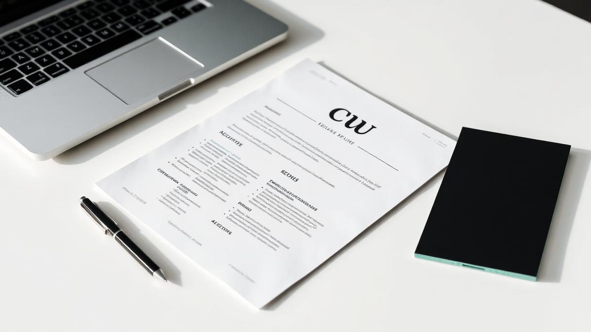 A printed CV on a white desk next to a laptop during a resume review, illustrating decide whether the internal move makes sense