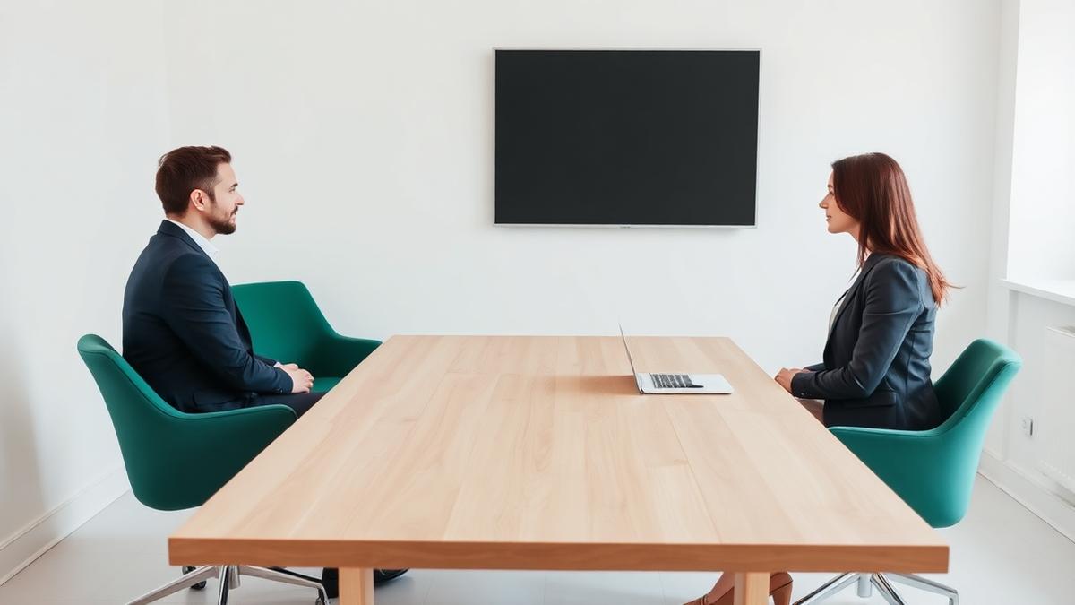 Two professionals in a calm job interview conversation in a bright meeting room, illustrating performance and promotion readiness are different questions