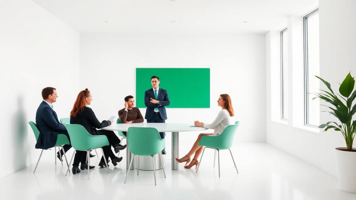 A leader guiding a small team meeting in a bright office, illustrating manage confidentiality and timing