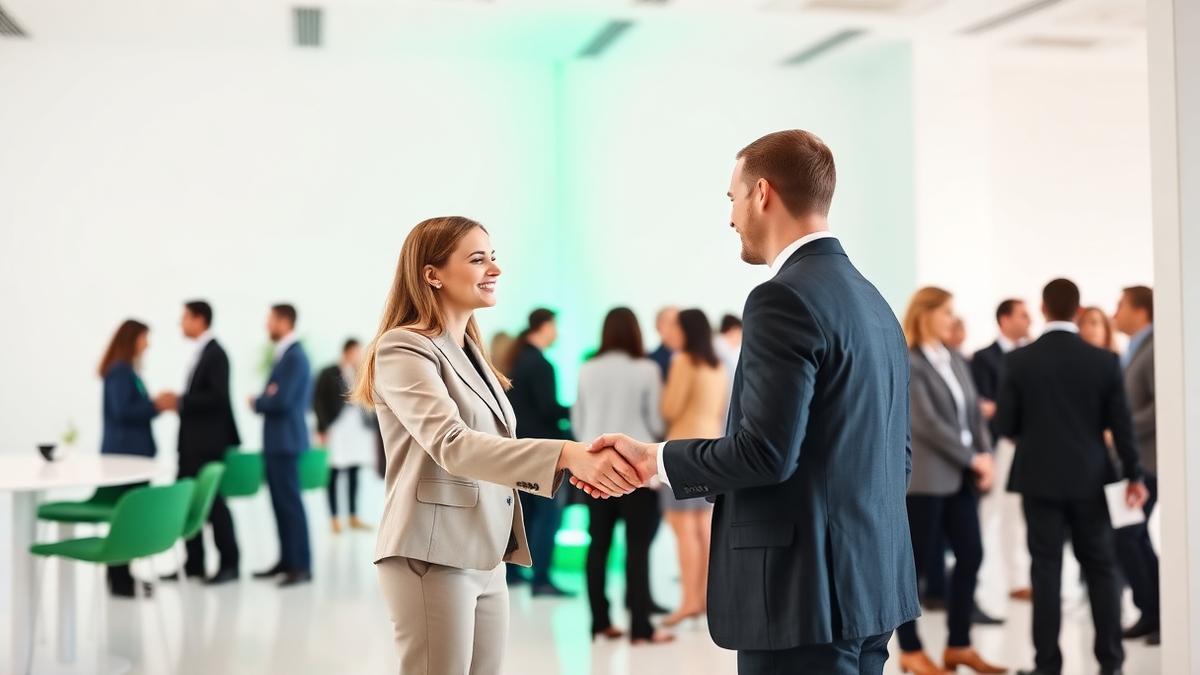 Two professionals shaking hands at a networking event in a modern office Two professionals shaking hands at a networking event in a modern office, illustrating performance conversations