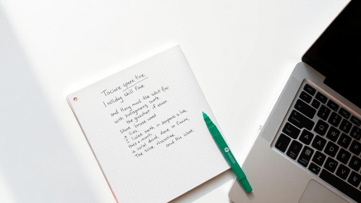 Handwritten skill notes in a notebook beside a laptop on a white desk Handwritten skill notes in a notebook beside a laptop on a white desk, illustrating build a story bank of six, not twenty
